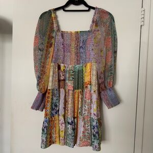 Alice + Olivia Rowen Square Neck Tiered Smocked Mini Dress